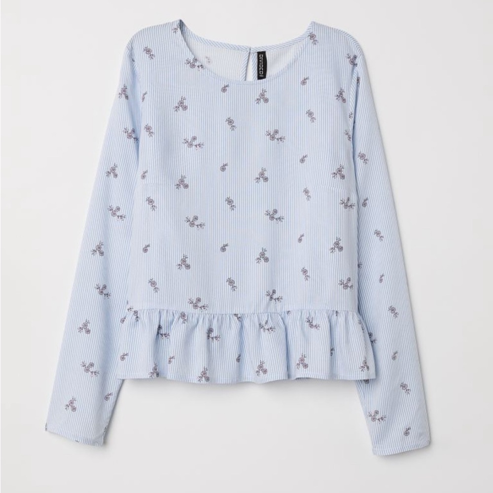 H & M Divided Blue Floral Striped Long-sleeved Top Shirt Blouse Size 6